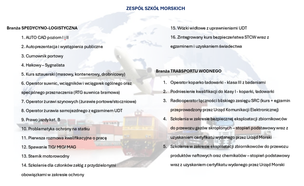 ZESPÓŁ SZKÓŁ MORSKICH

 
Branża SPEDYCYNO-LOGISTYCZNA
1. AUTO CAD poziom I i II
2. Autoprezentacja i wystąpienia publiczne
3. Cumownik portowy
4. Hakowy – Sygnalista 
5. Kurs sztauerski (masowy, kontenerowy, drobnicowy)
6. Operator suwnic, wciągników i wciągarek ogólnego oraz specjalnego przeznaczenia (RTG suwnica bramowa)
7. Operator żurawi szynowych (żurawie portowe/stoczniowe)
8. Operator żurawia samojezdnego z egzaminem UDT
9. Prawo jazdy kat. B
10. Problematyka ochrony na statku 
11. Pierwsza rozmowa kwalifikacyjna o pracę
12. Spawanie TIG/ MIG/ MAG
13. Sternik motorowodny
14. Szkolenie dla członków załóg z przydzielonymi obowiązkami w zakresie ochrony 
15. Wózki widłowe z uprawnieniami UDT
16. Zintegrowany kurs bezpieczeństwa STCW wraz z egzaminem i uzyskaniem świadectwa

Branża TRABSPORTU WODNEGO
1.	Operator koparko ładowarki - klasa III z badaniami
2.	Podniesienie kwalifikacji do klasy I - koparki, ładowarki
3.	Radiooperator łączności bliskiego zasięgu SRC (kurs + egzamin przeprowadzony przez Urząd Komunikacji Elektronicznej)
4.	Szkolenia w zakresie bezpiecznej eksploatacji zbiornikowców do przewozu gazów skroplonych – stopień podstawowy wraz z uzyskaniem certyfikatu wydanego przez Urząd Morski
5.	Szkolenie w zakresie eksploatacji zbiornikowców do przewozu produktów naftowych oraz chemikaliów – stopień podstawowy wraz z uzyskaniem certyfikatu wydanego przez Urząd Morski
Branża HOTELARSKO GASTRONOMICZNO TURYSTYCZNA	
	
1.	Animator czasu wolnego w hotelu
2.	Carving z elementami florystyki (dekoracja stołu i innych przestrzeni lokalowych
3.	Komunikacja interpersonalna pracownika z gościem hotelowym
4.	Profesjonalny wizerunek pracownika recepcji hotelowej - wizaż i dress code
5.	Kurs Baristy
6.	Kurs Barmański
7.	Kurs kuchni molekularnej i miksologii molekularnej
